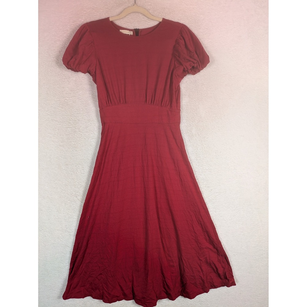 NEW Downeast Midi Dress Women's Small Red Puff Sleeve A-Line Modest Romantic